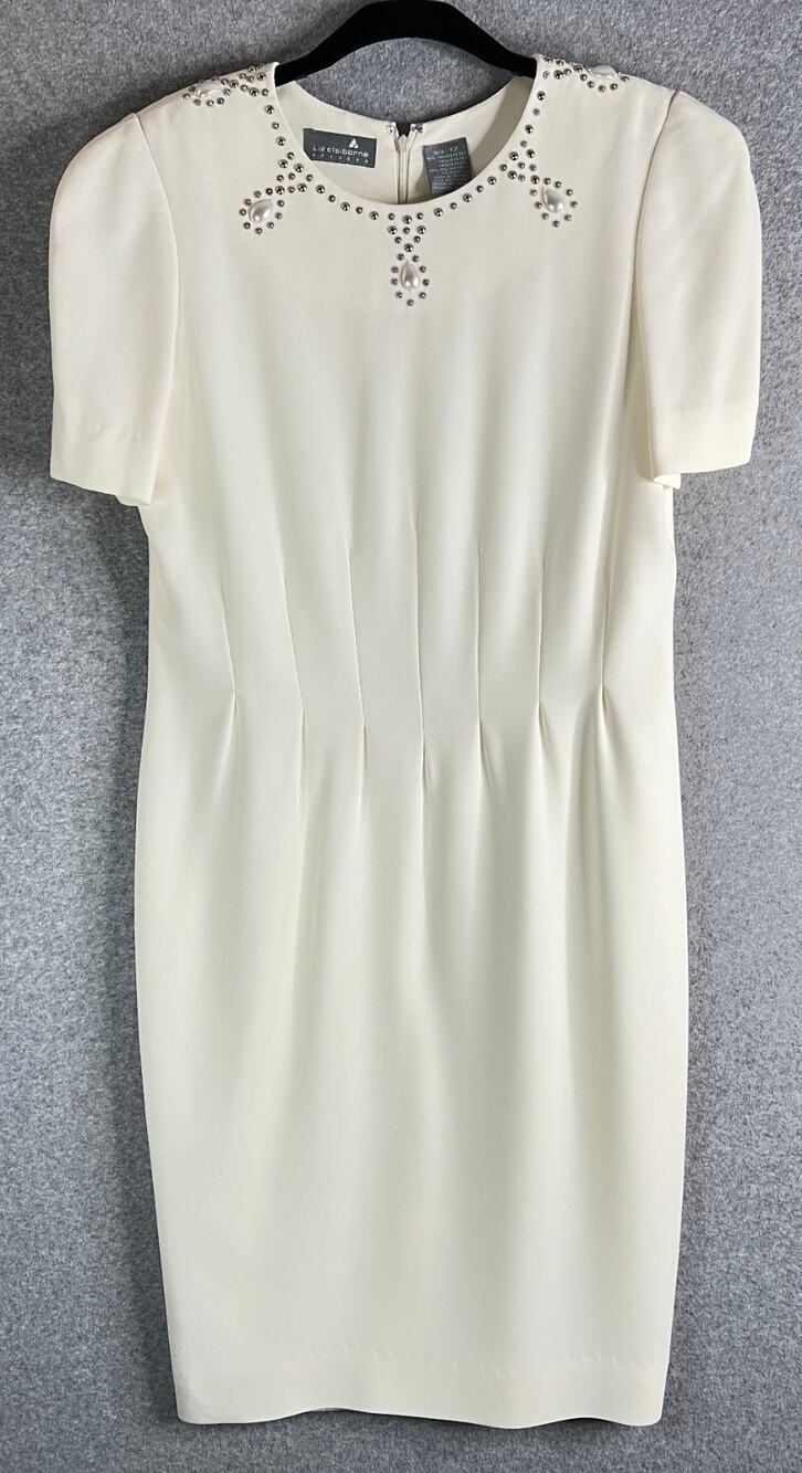 Liz Claiborne Dress Womens 12 Ivory Sheath Beaded Pearl Neck Short Sleeve